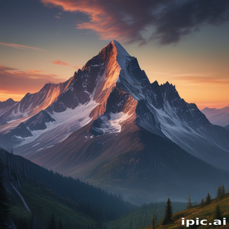 Majestic Mountain Peak Bathed in Golden Sunset Light Over Serene Valley.