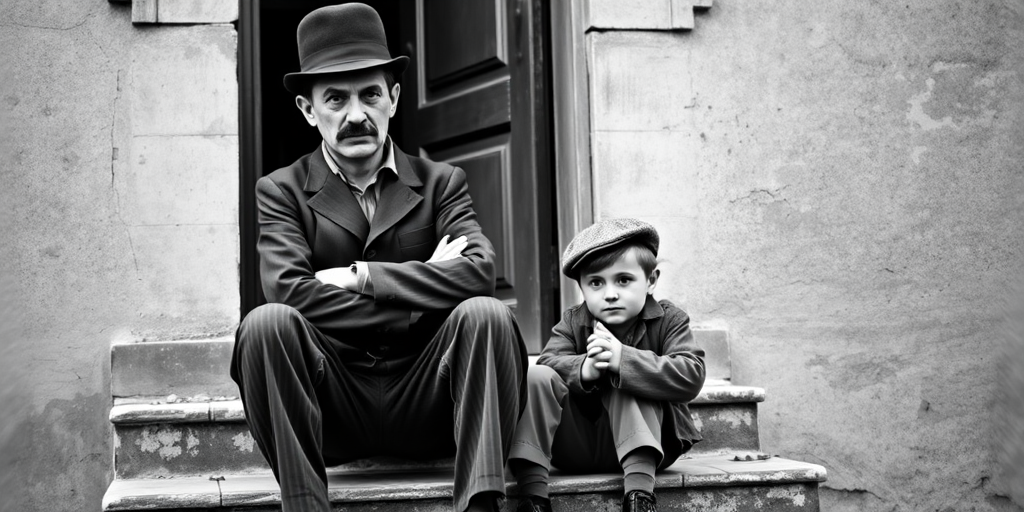 A black-and-white photograph of a man and a child sitting on steps in front of a doorway. The man is dressed as a tramp with a bowler hat, mustache, and ragged clothes, reminiscent of Charlie Chaplin's iconic look. He is sitting with his arms crossed and an expression of slight sadness or frustration. Next to him is a young boy, also in worn clothes and a cap, sitting with his hands clasped, looking thoughtful. The background is an old, textured wall and a partially open door, creating a vintage, early 20th-century atmosphere.