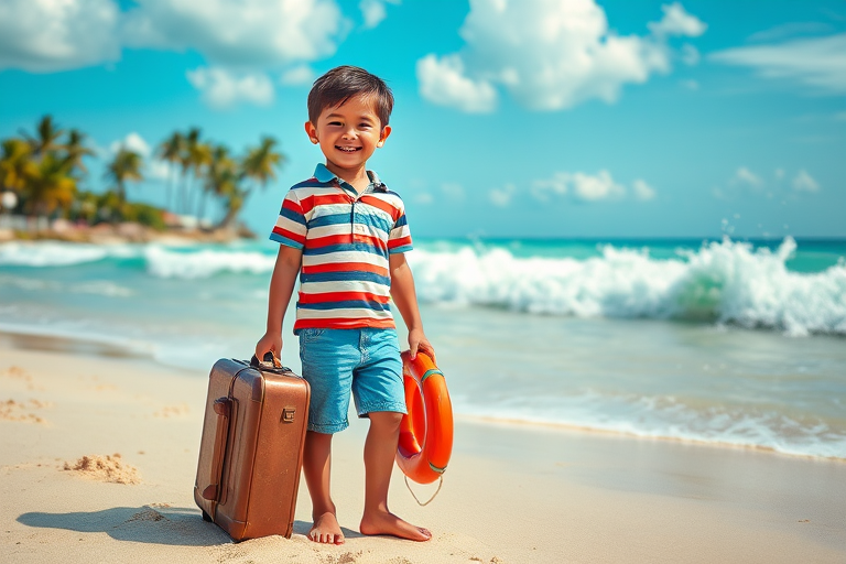 Create a vibrant beach scene featuring a cheerful boy in a striped shirt and shorts holding a lifebuoy and a suitcase, with waves crashing on the sand, palm trees swaying in the background, shot with a Canon EOS R6, f/8 aperture, 1/250s shutter speed, wide-angle lens at 24mm for a bright and colorful atmosphere.
