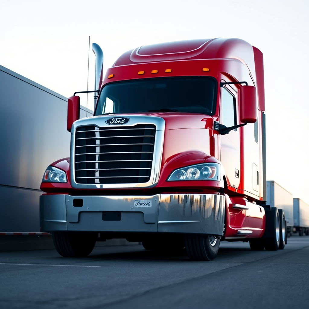 Generate an image of a bright red semi-truck with a sleek design parked on a clear day, captured with a DSLR camera at f/4 aperture, ISO 100, 1/1000s shutter speed, in a three-quarter front view for dynamic perspective.