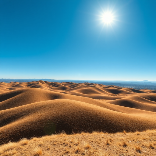 Generate a high-resolution digital illustration of a minimalist landscape featuring rolling hills under a clear blue sky with a bright sun, captured with a DSLR camera at f/8 aperture, ISO 100, 24mm focal length, using a wide-angle lens for an expansive view and a shallow depth of field for enhanced focus on foreground elements.