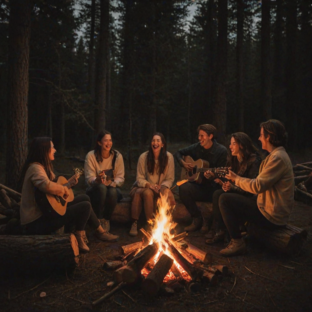 Low-light, intimate snapshot of a group of friends gathered around a small bonfire, soft orange glow illuminating their faces, laughter and conversation filling the air, stars twinkling above, marshmallows roasting on sticks, a guitar propped against a log nearby, the soft crackling of the fire the only other sound.