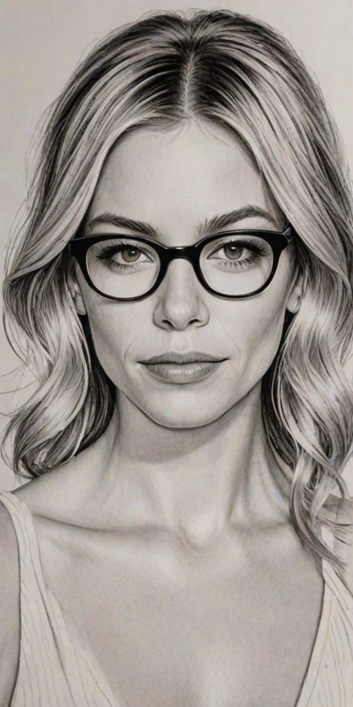 Radiant Sienna Miller, pencil sketch, portrait of Appealing woman 1925s in glasses, hair style beatnik, outline, clear lines, fine lines, 8k