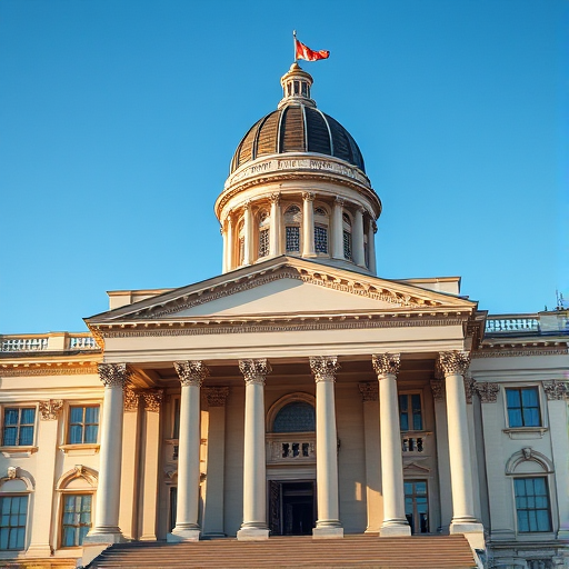 Capture a high-resolution image of a grand neoclassical building with a prominent dome and flag, using a Canon EOS R5, 24mm lens, aperture f/8, ISO 100, in soft natural light, from a low angle to emphasize the architecture against a clear blue sky.