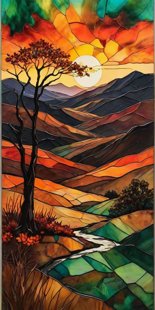 A vibrant abstract painting on Tiffany Glass, blending acrylic and alcohol ink techniques, captures a dramatic sunset over rolling hills. The artwork features a textured, rocky foreground in green and brown, layered abstract hills, and a striking sunset in rich oranges, yellows, and reds. A solitary black tree with intricate branches contrasts against the fiery sky, creating a dynamic and expressive portrayal of a breathtaking natural scene.
