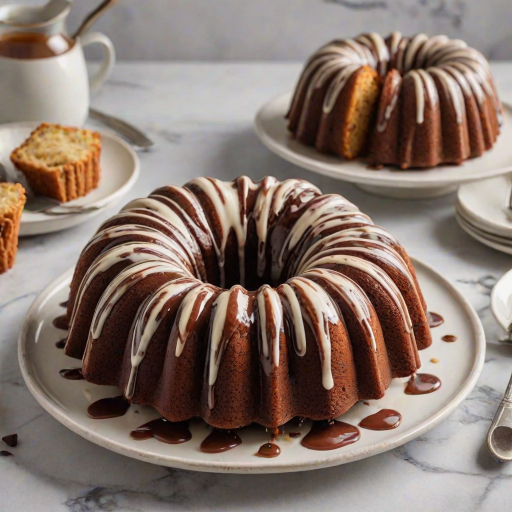 Generate an image of a beautifully glazed bundt cake with a marbled chocolate and vanilla interior. The cake should be placed on a white plate with a few slices cut and arranged on small plates beside it. Add a light background with a soft texture to enhance the presentation. Include a small bowl of sauce and a few utensils for a complete dessert setting.