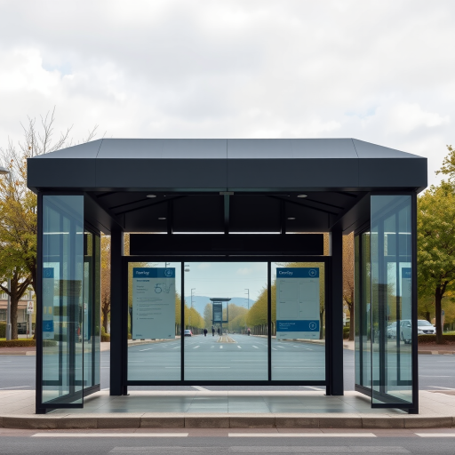 Generate a high-resolution image of a modern bus stop shelter with a sleek black roof and clear glass sides, taken from a frontal view using a DSLR camera with a 35mm lens, aperture set to f/8, ISO 100, and a shutter speed of 1/125s, with a focus on enhancing details and maintaining vibrant colors in the scene.
