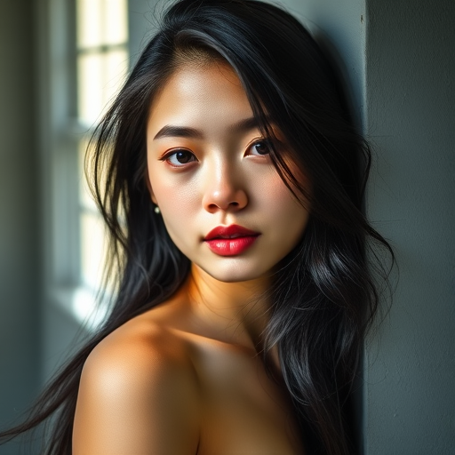 Portrait of a young woman with flowing black hair leaning against a wall, soft natural light illuminating her face from a nearby window, high contrast, aperture f/1.8, ISO 100, shutter speed 1/200s, shot in a close-up style with a Canon EOS R5.