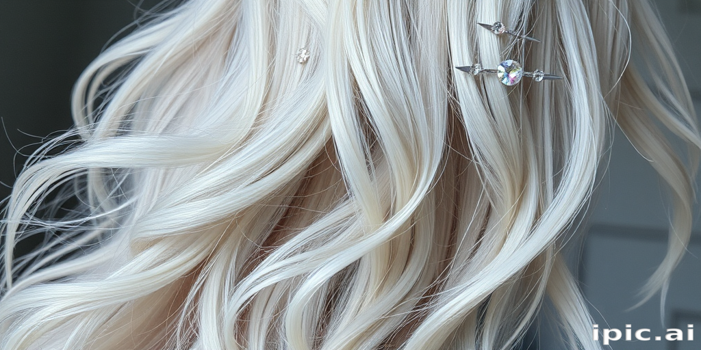 Ethereal silver-white hair flowing in loose, ethereal waves, adorned with iridescent crystal hair pins that catch the light, embodying the ethereal "Stardust Dream" style