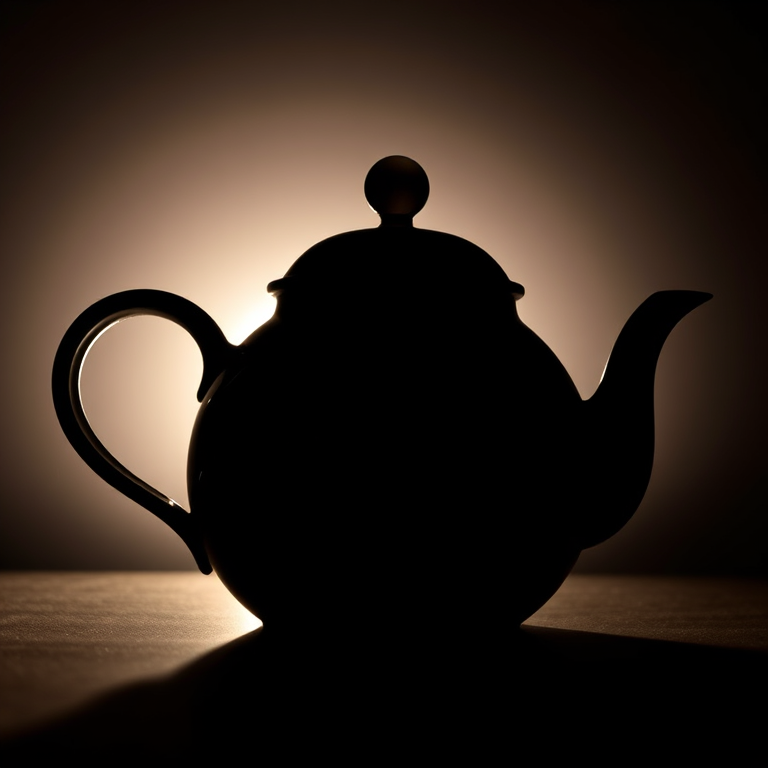 Create a high-resolution silhouette of a teapot with a glossy finish, captured in dramatic backlighting, using a DSLR camera with a 50mm lens at f/2.8 aperture, 1/60 sec shutter speed, and ISO 200, positioned at a slight angle for depth and dimension.