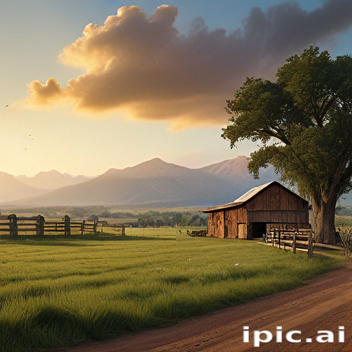 Serene Countryside Landscape Featuring a Rustic Barn and Majestic Mountains