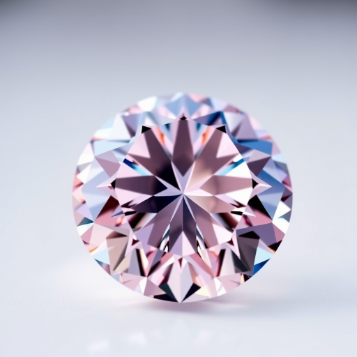 Generate a high-resolution image of a light pink diamond with intricate facets, using a DSLR camera with a 50mm lens at f/4, ISO 100, and a slight tilt-shift effect to create depth, captured in natural light against a soft gradient background.