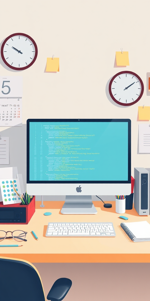 A modern workspace illustration featuring a desktop computer with code on the screen, surrounded by various office supplies like a clock, calendars, and sticky notes, captured in high resolution with a Canon EOS R5, 24mm lens, f/2.8 aperture, ISO 100, and a wide-angle view to enhance depth, focusing on the vibrant colors and clean design.