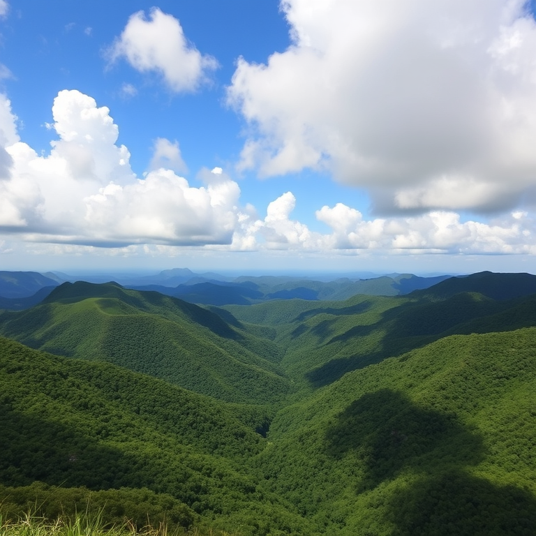 high-resolution landscape photograph of lush green mountains under a blue sky with fluffy clouds, taken with a DSLR camera at 24mm focal length, aperture f/11, shutter speed 1/200s, ISO 100, natural lighting, and a wide-angle perspective.