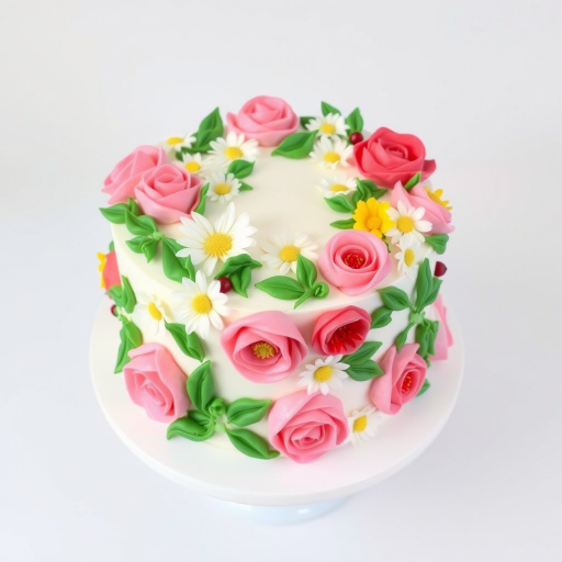 Create an image of a beautifully decorated cake with intricate floral designs made of buttercream icing. The cake should be round and multi-layered, adorned with pink roses, white daisies, and green leaves, featuring vibrant yellow and red flowers interspersed throughout. The cake should be presented on a delicate white cake stand against a simple background.