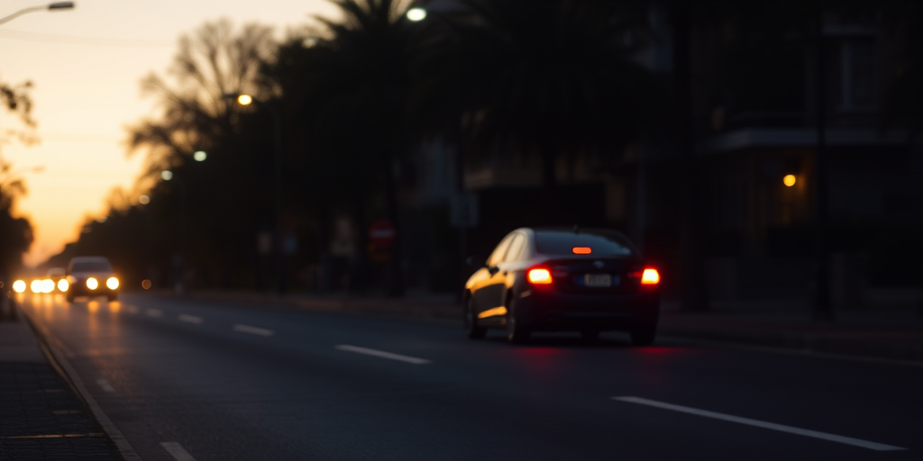 Silent street at dusk with a silhouette of a car in soft light, shot with a 50mm lens, aperture f/1.8, ISO 100, shutter speed 1/500s, from a low angle, using a DSLR camera with a warm color tone.