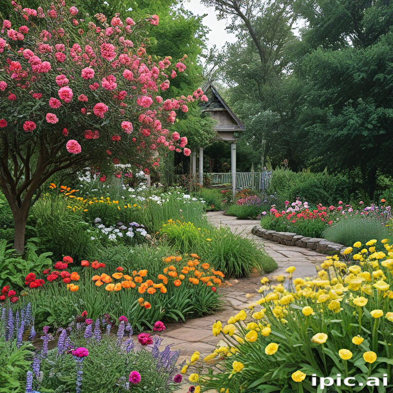 Vibrant Garden Pathway Surrounded by Lush Blooming Flowers and Greenery
