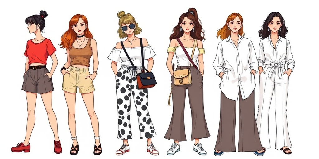 Create an illustration of four stylish women standing side by side, each showcasing unique fashion styles: one in a trendy top and shorts, another in a chic off-shoulder blouse and patterned pants, the third in a sporty outfit with a crossbody bag, and the fourth in a fashionable blouse and wide-leg pants, with a minimalistic white background to enhance focus on the clothing details, using a Canon EOS R5 camera set to ISO 100, aperture f/4, and 50mm lens for optimal clarity and color vibrancy.