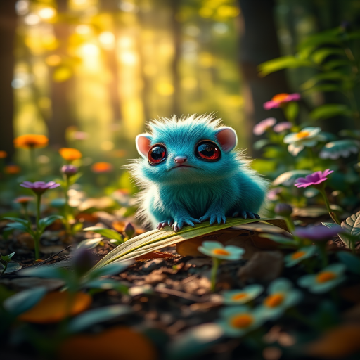 Create a vibrant forest scene featuring a fluffy, blue-green creature with large eyes sitting on a leaf, surrounded by colorful flowers and dappled sunlight filtering through the trees, captured with a Canon EOS R5, 85mm f/1.2 lens, aperture at f/2.8, ISO 100, and a soft bokeh effect to enhance details.