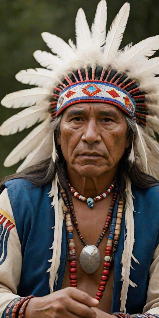 Create a dignified portrait of a Native American man dressed in traditional attire. He wears a beautifully crafted headdress adorned with white feathers and red beads, along with a beaded headband featuring intricate patterns. His clothing includes a deep blue, patterned shirt and a traditional chest piece with detailed beadwork. His arms are crossed, displaying leather armbands decorated with feathers. The background is simple and neutral, emphasizing his proud and stoic expression. The overall image captures the rich cultural heritage and strength of his persona.