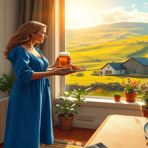 In "A Glass of Beer on the Highland," a serene scene is depicted in a sunlit room where a woman in a vibrant blue dress stands by a large window. She holds a tray with a hearty meal and a frothy glass of beer, embodying a moment of relaxation. Outside, the breathtaking highland landscape features rolling green hills and a charming traditional house, all bathed in warm afternoon light. The interior is adorned with potted plants, creating a harmonious blend of comfort and nature. The painting beautifully captures the tranquility and joy found in simple pleasures amidst stunning scenery