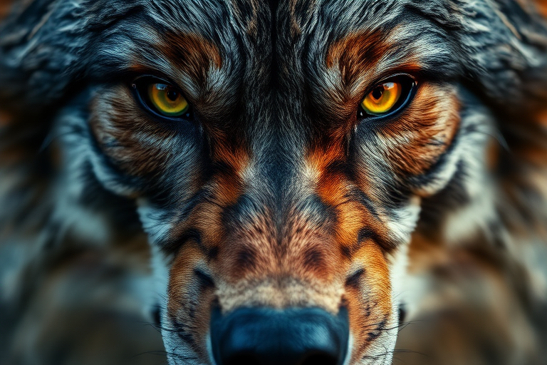 Create a highly detailed close-up of a half-human, half-werewolf face merging seamlessly, showcasing vibrant green and orange eyes with intense textures on both sides, captured with a Canon EOS R5 at 85mm f/1.2, natural lighting, high contrast, and shallow depth of field to enhance facial features and fur details.