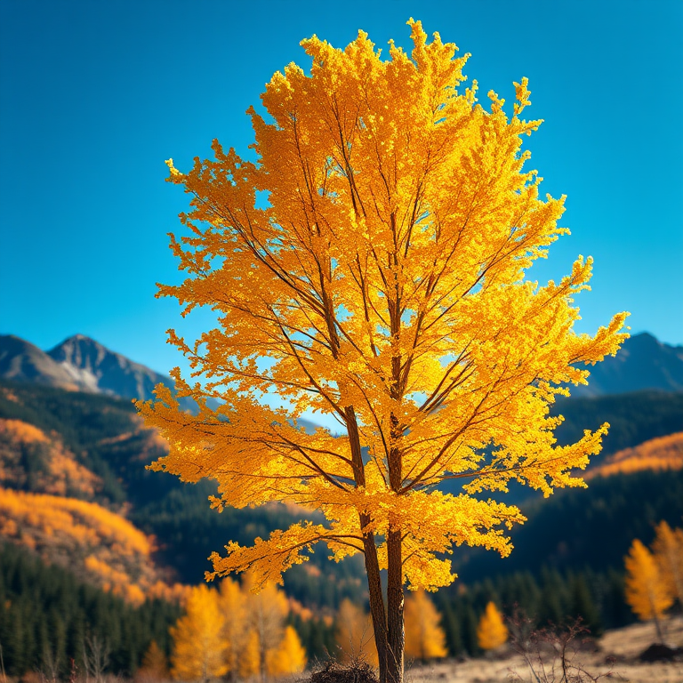 capture a vibrant autumn landscape with a focus on a yellow larch tree in the foreground, mountains in the background, bright blue sky, use a Canon EOS R5, 24mm lens, aperture f/8, ISO 100, shutter speed 1/250s, shot from eye level for sharp detail and color richness