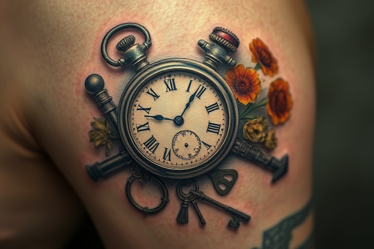 Realism tattoo called "Frozen in Time" depicting a hyper-realistic still life composition of vintage objects such as an old pocket watch, antique keys, and dried flowers, with incredible attention to detail and shading that creates the illusion of three-dimensionality on the skin, ideal for history buffs and those who appreciate the beauty of everyday objects.