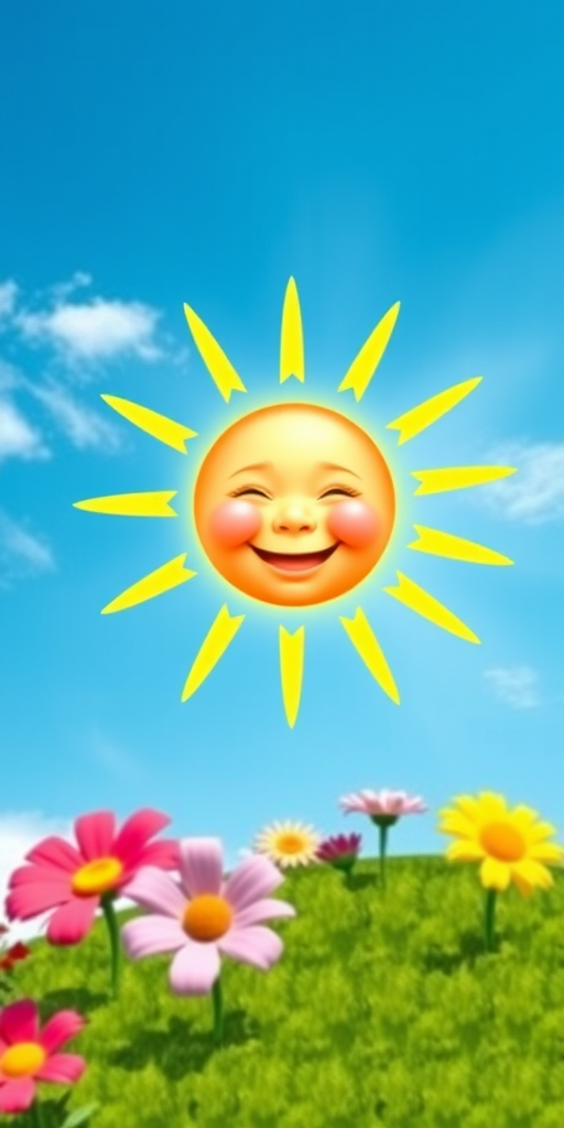 Create an image shows a bright, sun with a smiling baby's face in the center, radiating soft yellow rays. The sun is set against a clear blue sky with a few wispy clouds. Below, there's a lush green grassy hill with colorful, oversized flowers, giving the scene a whimsical, playful atmosphere.