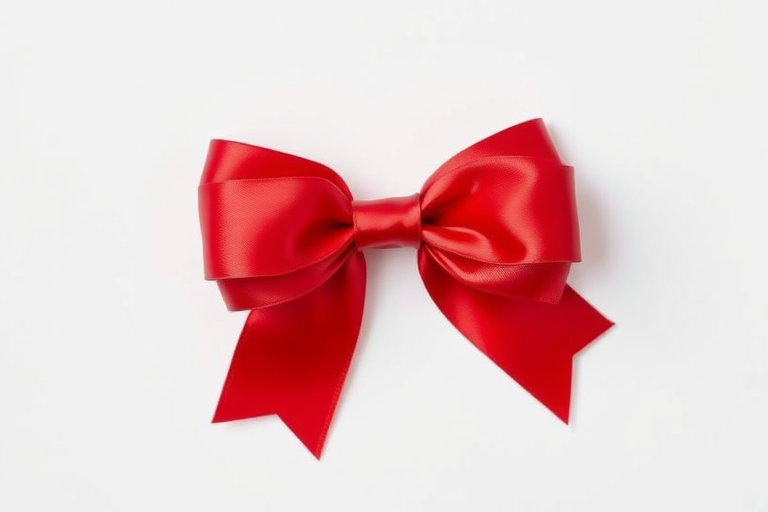 Create a high-resolution image of a red ribbon bow centered on a white background, using a DSLR camera with a 50mm lens, aperture set to f/2.8, ISO 100, and a shallow depth of field for enhanced detail and clarity.