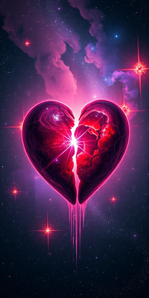 Create an image of a cosmic heart breaking apart surrounded by vibrant nebulae and meteor showers, captured with a Canon EOS R5, 24mm lens, f/2.8 aperture, ISO 100, shot from a wide-angle perspective with a digital art style to enhance details and colors.