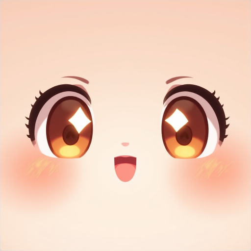 Create an illustration of a cute anime face with large, sparkling eyes featuring orange highlights. The face should have rosy cheeks and convey a joyful, lively expression. The style should be bright and cheerful, capturing the essence of kawaii art.
