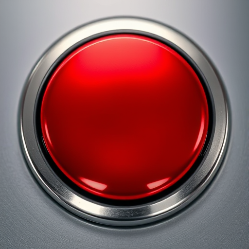 regenerate a high-resolution image of a shiny red button with a silver metallic border, use a Canon EOS R5 camera, aperture set to f/2.8, ISO 200, shutter speed 1/125s, taken in macro view to enhance detail and clarity.