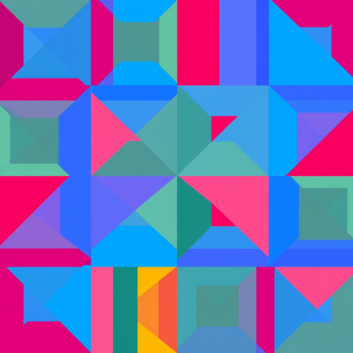 Create a vibrant geometric pattern with contrasting colors and a dynamic layout, captured with a DSLR camera at f/2.8, ISO 100, and a focal length of 50mm, using a top-down view to enhance depth, ensuring high-quality digital clarity.
