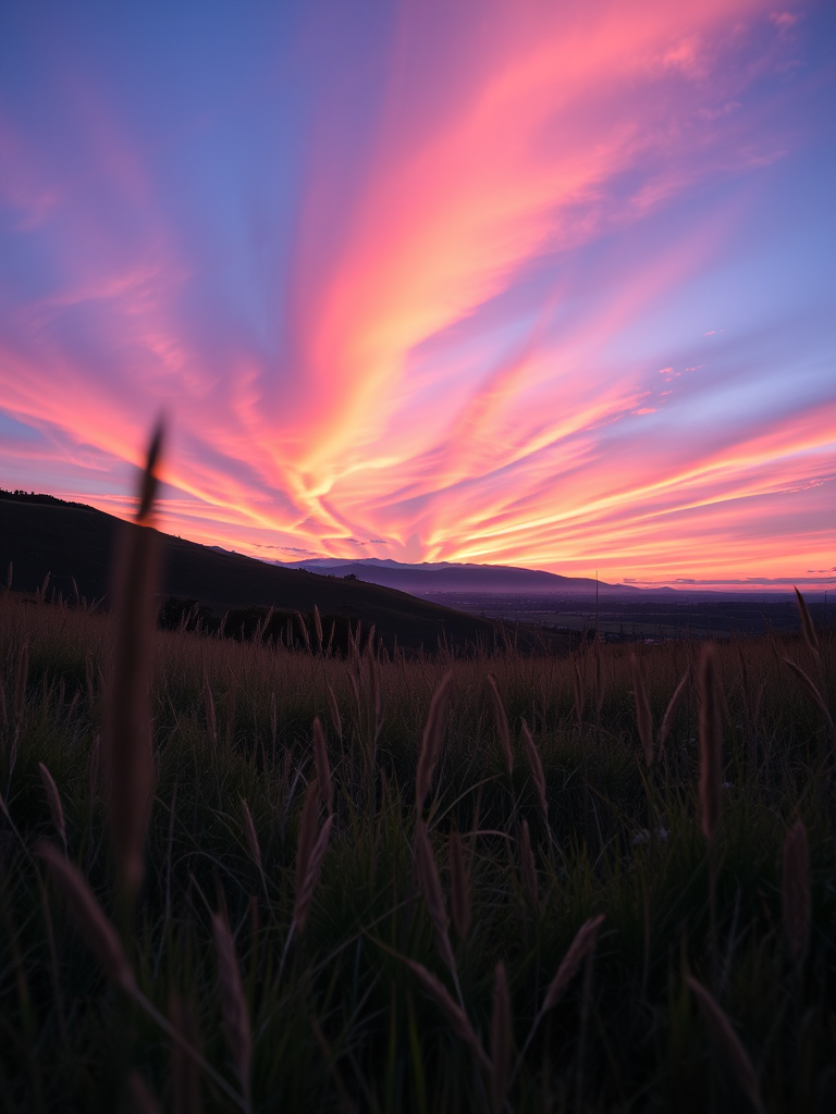 Generate a high-resolution image of a serene sunset landscape with vibrant colors, captured with a Canon EOS R5 camera, using a 24-70mm f/2.8 lens, aperture set at f/8, shutter speed at 1/125 sec, and ISO 100, in landscape orientation with a focus on depth of field and natural light.