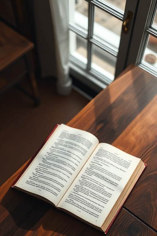 Create a high-resolution image of an open book on a wooden table, captured with a 50mm lens at f/2.8, ISO 100, and a soft natural light source from a window, using a DSLR camera in a top-down perspective.