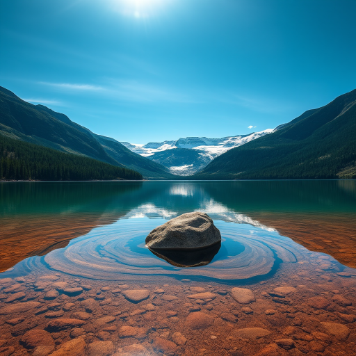 landscape of a serene lake surrounded by mountains with a clear blue sky reflecting on the water, centered rock in the foreground, taken with a Canon EOS R5, 24mm lens, f/8 aperture, ISO 100, with a polarizing filter to enhance colors and reduce glare