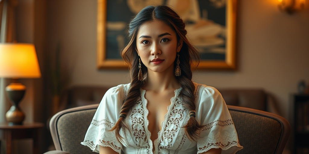 Create a portrait of a refined and elegant Tibetan woman seated in a sophisticated setting. She has long, wavy hair styled in two thick braids that are pulled over her shoulders. She wears a white, lace gown with intricate patterns, featuring a deep V-neckline and short sleeves. The dress exudes a vintage charm with its delicate lacework. She is adorned with ornate, dangling earrings that add a touch of glamour to her appearance. The background is softly lit, with warm, ambient lighting that creates a cozy and inviting atmosphere. Her expression is poised and serene, capturing a sense of grace and elegance.