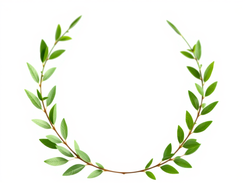 Generate a detailed and high-resolution image of a green laurel wreath on a plain background, using a DSLR camera with a 50mm lens, aperture set to f/2.8, ISO 100, and a shallow depth of field to create a soft blur effect for a professional and polished look.