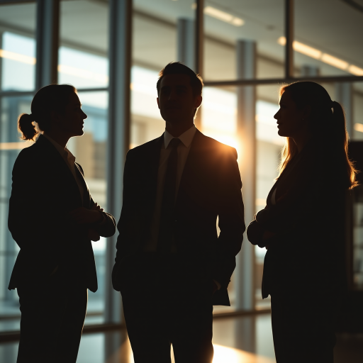 Create a professional indoor corporate scene showing three silhouetted business people in suits with bright backgrounds, 50mm lens, f/4 aperture, ISO 200, 1/125 sec shutter speed, in a modern office setting with large glass windows and soft ambient lighting.