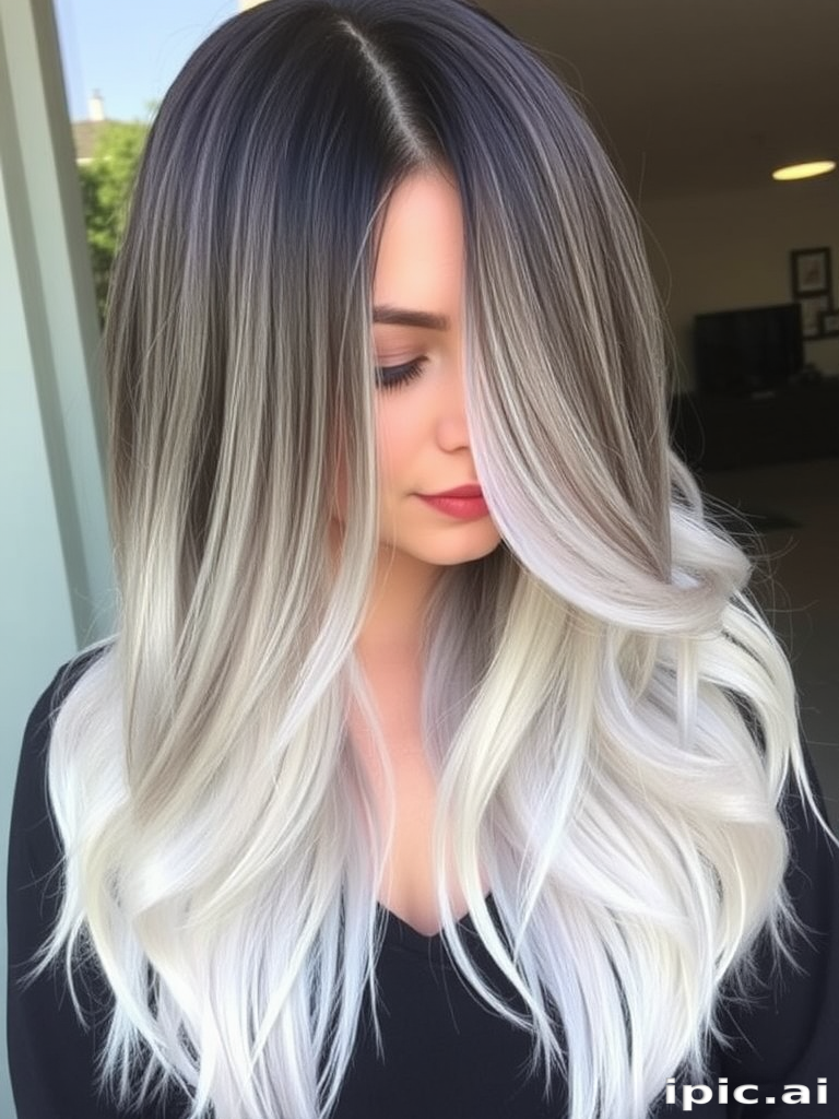 Dramatic silver ombre hair styled in the "Moonlit Cascade" features long, straight locks gradually fading from dark charcoal roots to brilliant silver tips