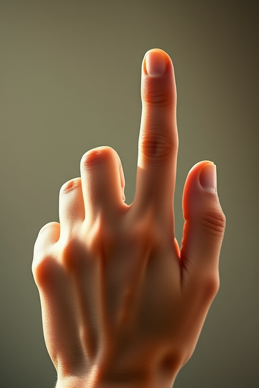 Generate an image of a human hand with the index finger raised, soft natural lighting, macro view, with a shallow depth of field, taken with a DSLR camera at f/2.8, ISO 100, and a focal length of 50mm.