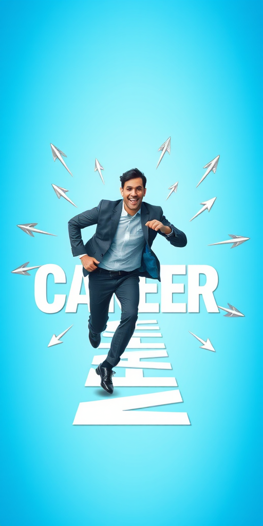 Generate an image of a businessman running towards the word "CAREER" surrounded by dynamic arrows, use a Canon EOS R5, 50mm lens, f/1.8 aperture, ISO 200, with a bright blue gradient background for high contrast and clarity.