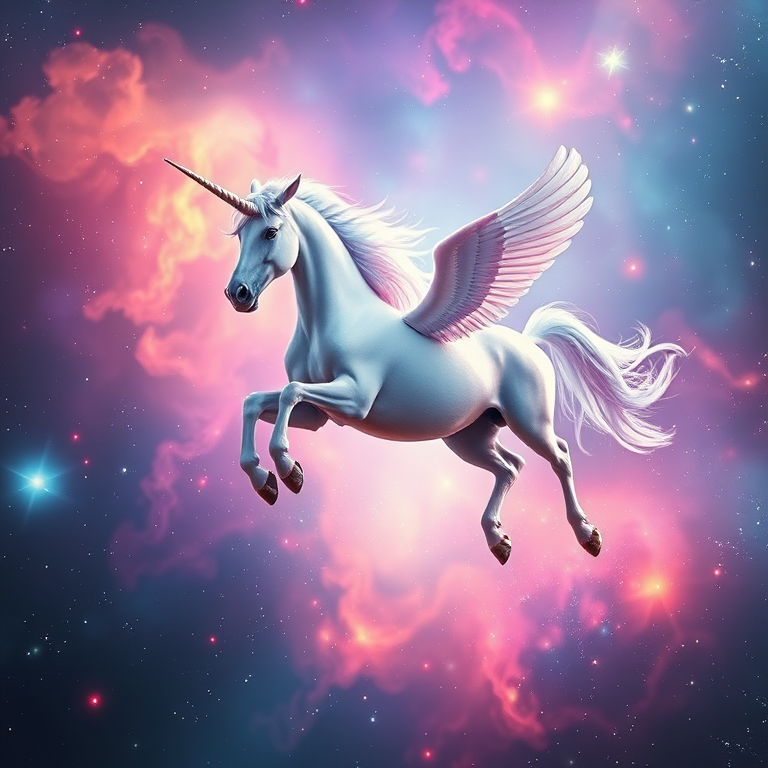 Regenerate an ethereal unicorn leaping through a cosmic nebula with a vibrant blend of colors, using a DSLR camera, 50mm lens, aperture f/1.8, ISO 200, and a slight soft focus effect to enhance the magical atmosphere.