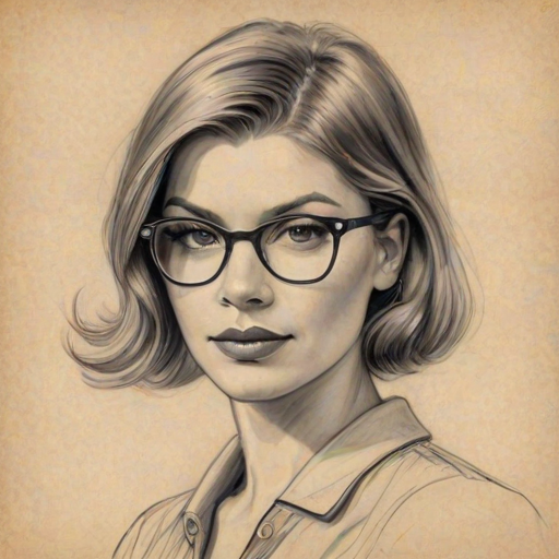 Graceful Fergie, pencil sketch, portrait of Gorgeous woman 1927s in glasses, hair style beatnik, outline, clear lines, fine lines, 8k