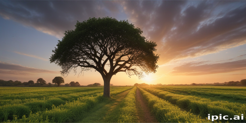 Majestic Lone Tree Silhouetted Against a Stunning Sunset Over Fields