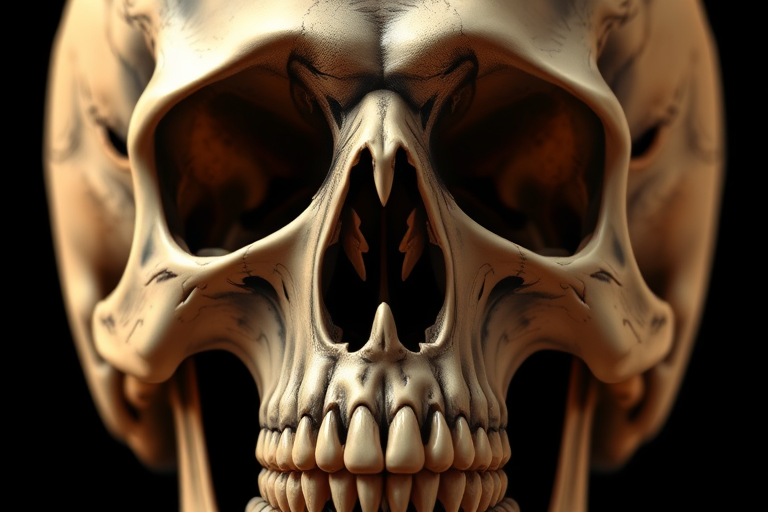 Create a highly detailed illustration of a human skull with exaggerated features, use a DSLR camera with a 50mm lens, aperture at f/2.8, ISO 100, natural daylight, close-up shot in high contrast style.