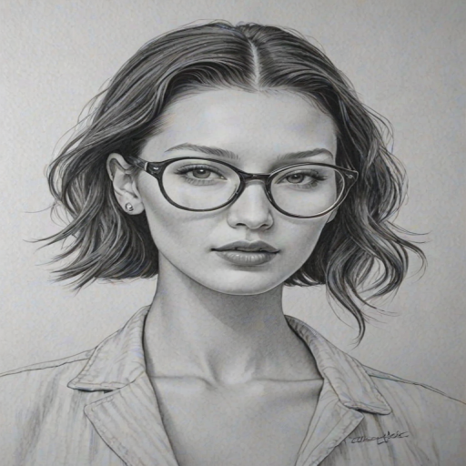 Delightful Bella Hadid, pencil sketch, portrait of Magnificent woman 1943s in glasses, hair style beatnik, outline, clear lines, fine lines, 8k