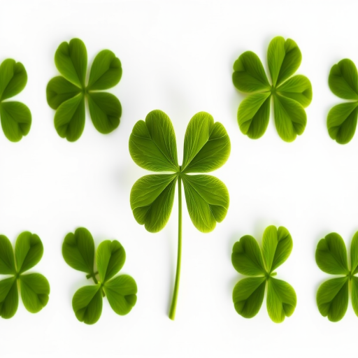 Create a high-resolution illustration of a four-leaf clover against a white background, captured using a DSLR camera at f/8 aperture, 50mm lens, ISO 100, soft lighting to enhance color vibrancy and detail.