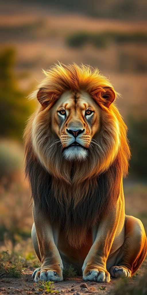 portrait of a lion with a majestic mane sitting in a natural setting, shallow depth of field, golden hour lighting, 50mm f/1.8 lens, ISO 100, aperture f/2.8, DSLR camera, soft focus on the background